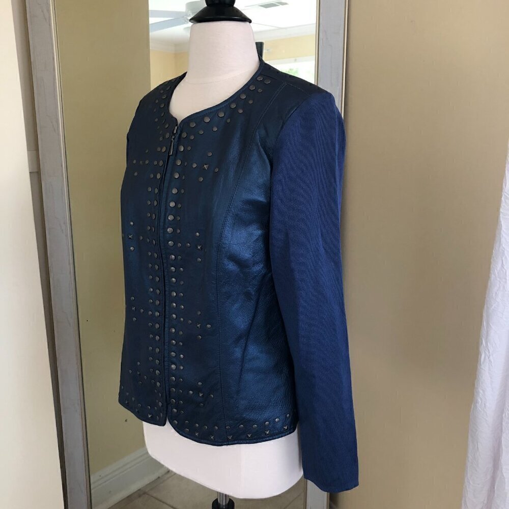 Peter Nygard Blue Studded Leather Knit Zip Stretch Blazer Jacket Size M Gorpcore - Picture 5 of 11